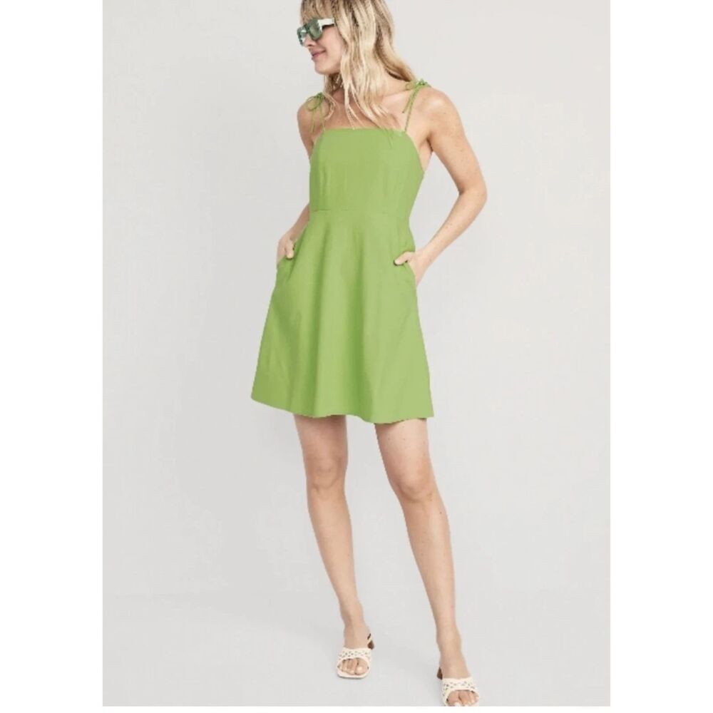 Old Navy Tie Strap Lime Green Pocket Dress Size M Linen Resortwear Summer